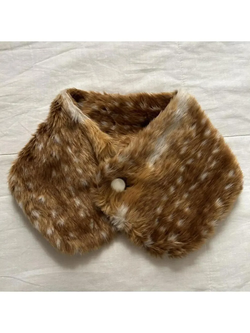 Faux Fur Bambi Doe Print Scarf Enamel Button Lolita Japan One Size